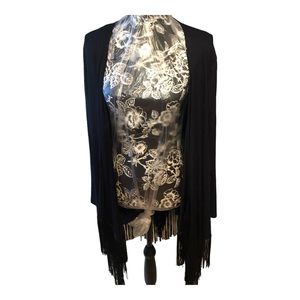 Ella Moss  medium black knit open front silky jacket long fringe (RUNS LARGE)